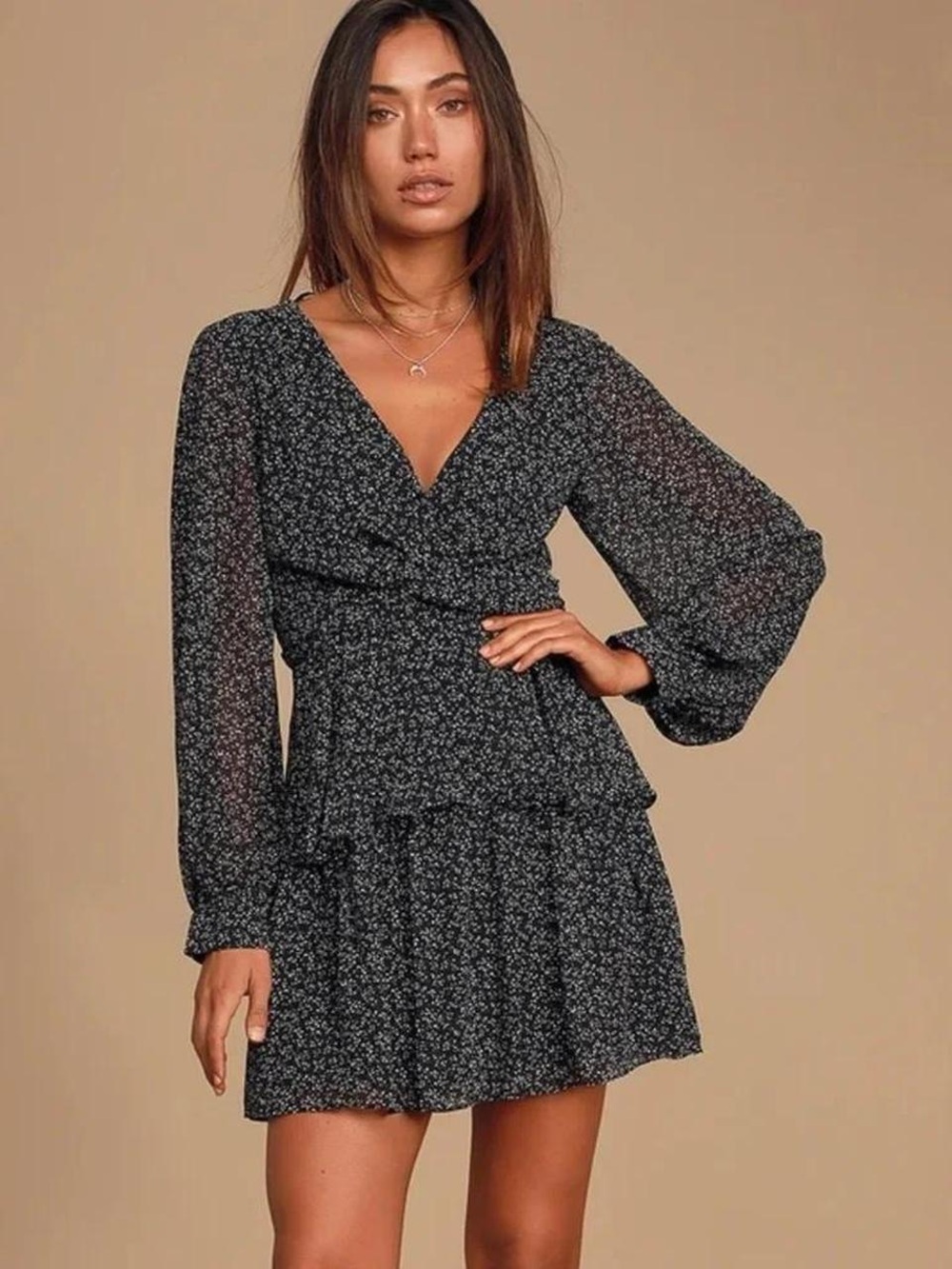 Lulu's Black Floral V-Neck Mini Dress.